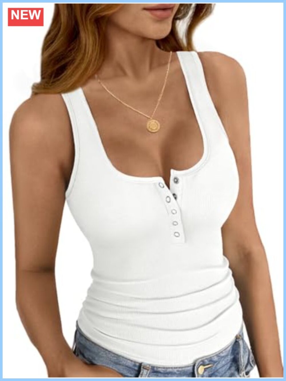 Ribbed Henley Tank Top for Women Slim Fit Scoop Neck Sleeveless
